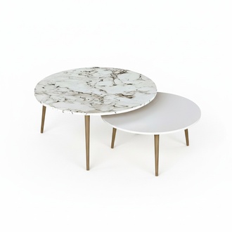 Design Couchtisch Set 2-teilig Marmor-Optik Weiß mit Holzbeinen