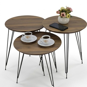 Design Couchtisch Set 3-teilig Holz-Optik mit Goldenen Beinen