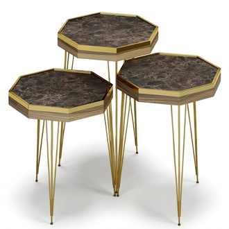 Beistelltisch Set 3 Teile in Marmor-Optik Braun mit Goldenen Metallbeinen