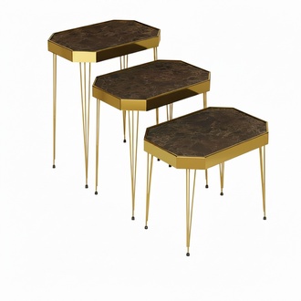 Beistelltisch Set 3 Teile in Holz-Optik mit Goldenen Metallbeinen