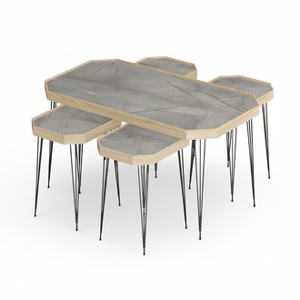 Design Couchtisch Set mit 4 Beistelltischen in Holz-Optik und Geometrischem Design