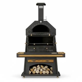 Eleganter schwarzer Grillkamin aus Holz und Edelstahl