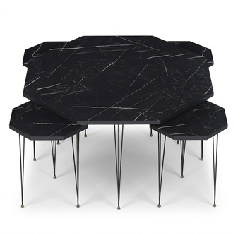 Beistelltisch Set 4 Teile Schwarz mit Marmor-Optik und Metallbeinen