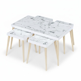 Design Satztisch 3er-Set Marmor-Optik Weiß mit Holzbeinen