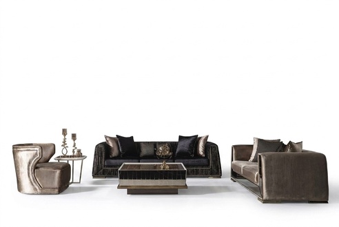 Elegantes 3-teiliges Wohnzimmer Set aus Textil in Schwarz und Braun