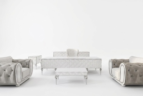 Elegantes Arbeitszimmer-Set mit weißen Holz-Textil Möbeln