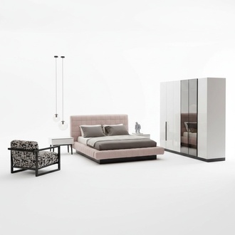 Elegantes Beiges Schlafzimmer-Set aus Holz und Stoff