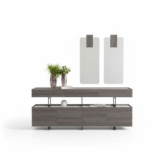 Elegantes graues Esszimmer Set mit Sideboard und Spiegel aus Holz