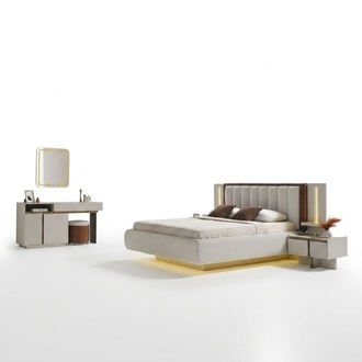 Elegantes Schlafzimmer-Set aus Holz in Beige mit Bett, Schminktisch