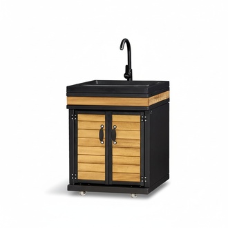 Elegantes schwarzes Außenküchenmodul aus Edelstahl und Holz