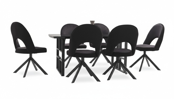 Essgarnitur schwarz rechteckige Holztischplatte Designer Stühle 7tlg