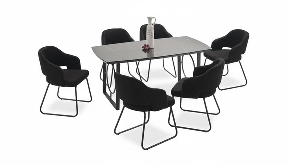 Esszimmer Set Schwarz Holzarbeitsplatte Tisch gepolsterte Stühle Sitz