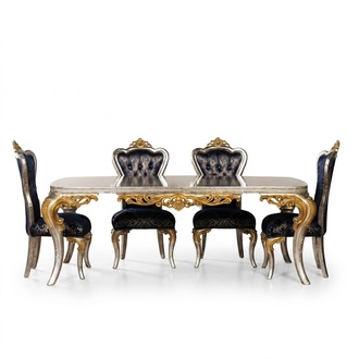Esszimmer Set Silber Gold Essgruppe Tisch + 4x Lehnstuhl Chesterfield