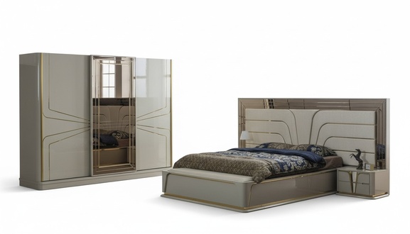 Garnitur Schlafzimmer Doppelbett Luxus Bett Modern Beige Set 4tlg Neu