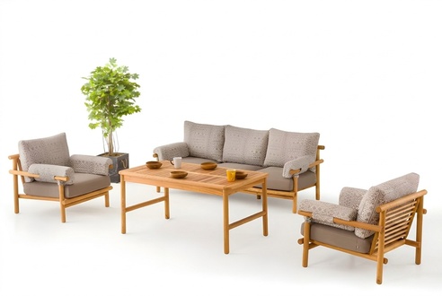 Gartenmöbel Set aus Holz und Textil in Beige mit Sofa, Sesseln