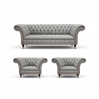 Grau Modern Sofa Set Chesterfield Design Polster Stoff Wohnzimmer Einrichtung