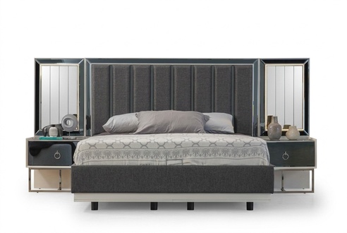 Graue Schlafzimmer Garnitur Edelstahlbett 2x Holz Nachttische 3tlg Set