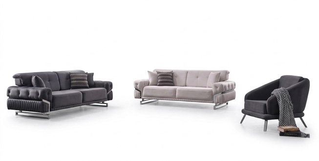 Graue Sofagarnitur Wohnzimmer Sofas Dreisitzer Sessel Komplettes Set 3tlg
