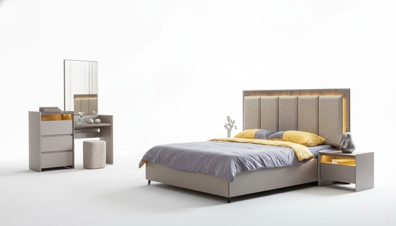Graues Schlafzimmer Set Bett mit 2x Nachttische & Stilvoller Schminktisch