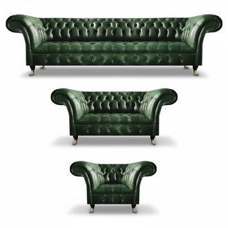 Grün Leder Sofas Set 3tlg Wohnzimmer Sofagarnitur Polstermöbel Chesterfield