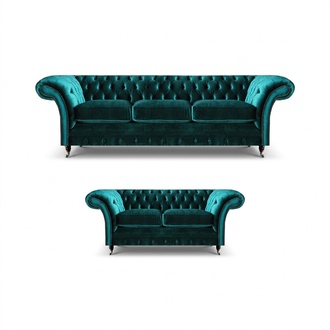 Grüne Chesterfield Polstersofas Wohnzimmer 2x Sofas Zweisitzer 3-Sitzer