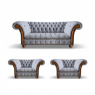 Hellgraue Chesterfield Luxus Garnitur Wohnzimmer 3-Sitzer Couch Sessel