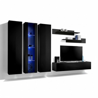 Holzmöbel Wohnwand Wandschrank Schwarz TV-Ständer Garnitur Hänge Vitrine