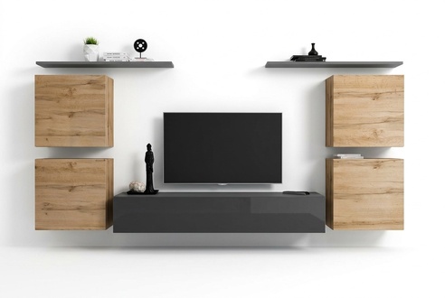 Holzmöbel Wohnwand Wohnzimmer Grau Wandregal Luxus Einrichtung Neu