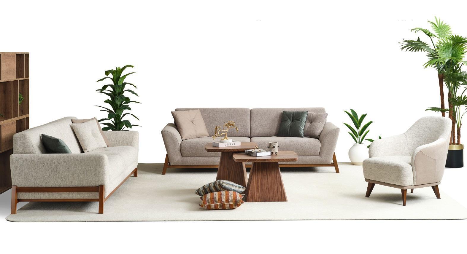 Gruppe Couch Dreisitzer Sessel Sofa Stoff Beige Stoffsofa Set 3tlg 3+3+1