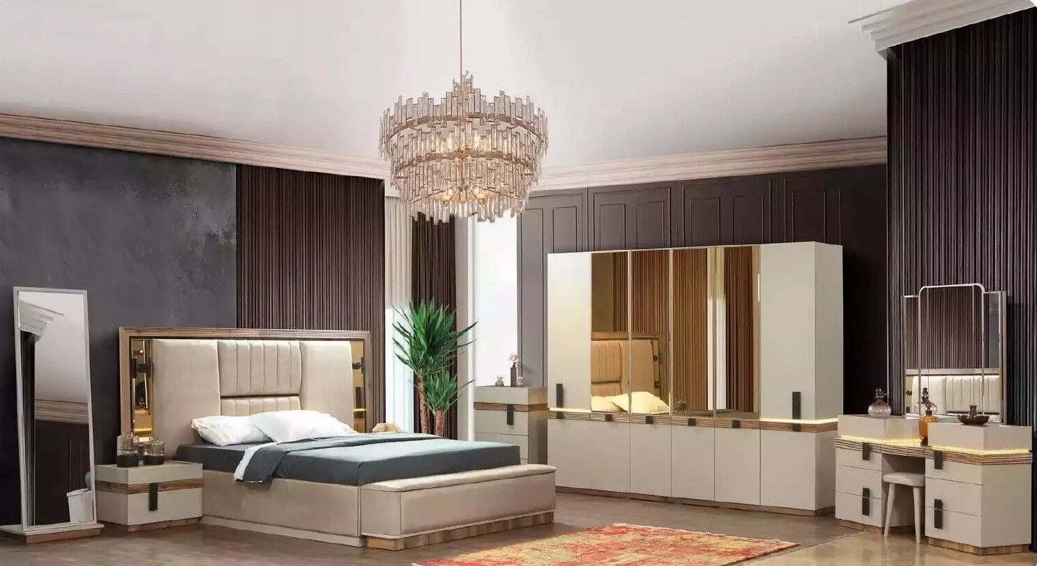 Garnitur Doppelbett Beige Nachttische Schlafzimmer Bett mit Bank Set Sofort