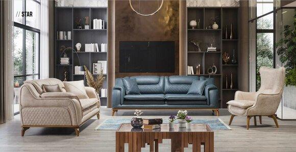 Sofagarnitur 3+3+1 Sitzer Blau Sessel Luxus Leder Sofa Couch Möbel