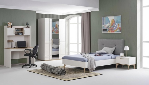 Kinderzimmer Garnitur Kinderbett Jugendbett Set 4tlg Weiß Holz