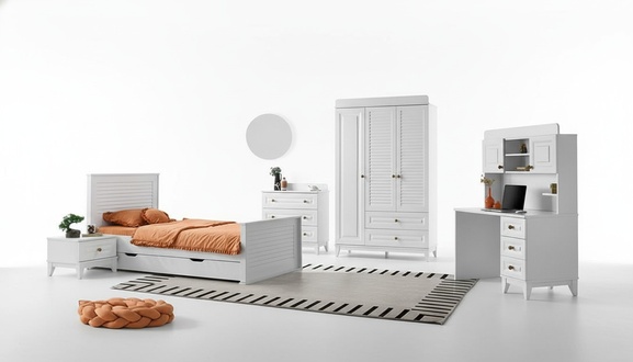Kinderzimmer Set Bett Nachttisch Kommode Kleiderschrank Schreibtisch 5tlg.