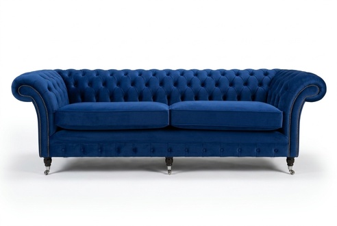 klassische Chesterfield Couch 4 Sitzer Sofa Couch Samt Leder Blau Design