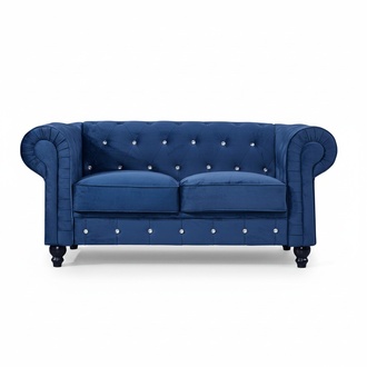 Klassische Leder Couch - Blaue Chesterfield Stoff Sofa 2 Sitzer Textil