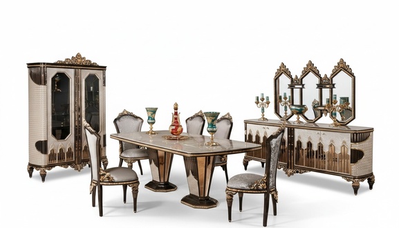 Klassische Weiß-Goldene Esszimmer Garnitur Esstisch 6x Stühle Kommode