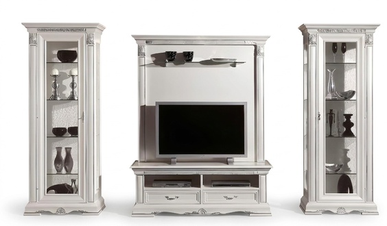 Klassische Wohn Wand Wohnzimmer Vitrine Sideboard RTV Regal Wände Schrank 4tlg. Massivholz