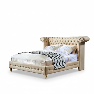 Klassisches Schlafzimmer Bett Beige Textil Betten Leder Polster Doppel