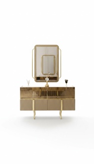Kommode Verspiegelt mit Spiegel Gold Edelstahl Holz Luxus Wohnzimmer