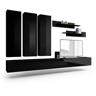 Komplett Set 7 tlg Schwarz Wohnwand Wandschrank Holzmöbel Luxus Möbel Neu