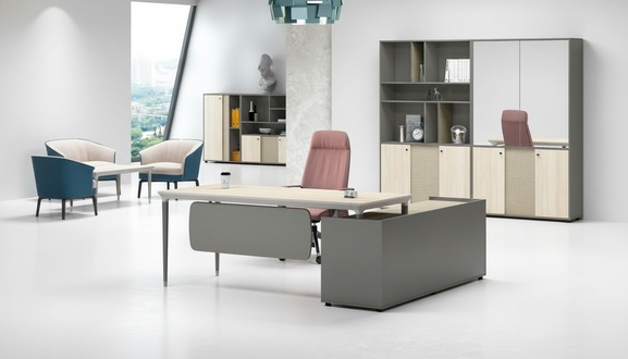 Komplettbüro Arbeitszimmermöbel Arbeitstisch Büroschrank Grau Holz Set