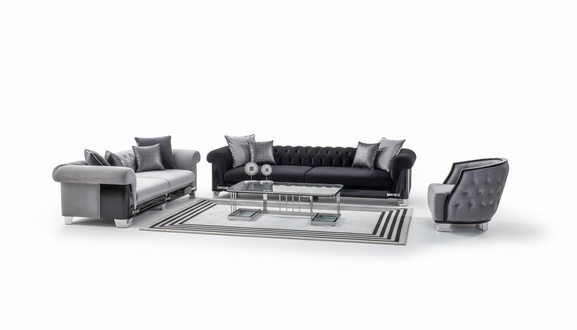 Komplette Couchgarnitur Sofagarnitur Sofa Sitzer Stoff Grau Schwarz