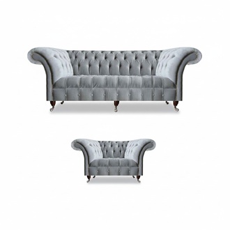 Komplette Graue Chesterfield Sitzmöbel Edler Lenhsessel 3-Sitzer Couch