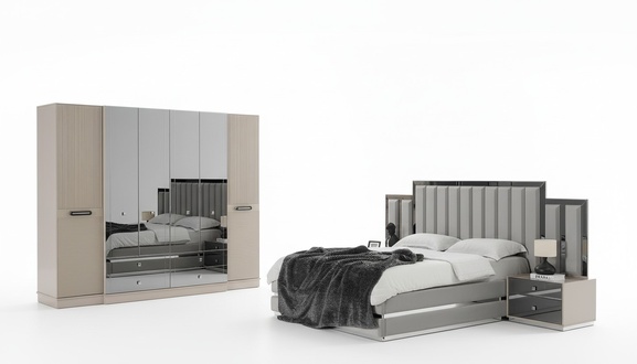 Komplette Schlafzimmer Doppelbett Bett Nachttische 4tlg Grau Schrank