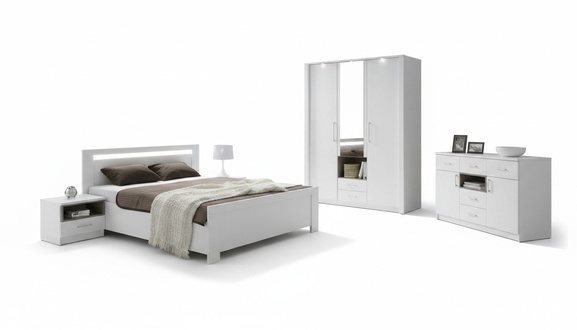 KOMPLETTES SCHLAFZIMMER SET SCHRANK BETT BETTEN MIT LED NEU KOMMODE NEW YORK