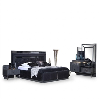 Komplettes Schwarzes Schlafzimmer Set Luxus Doppelbett Nachttische 4tlg
