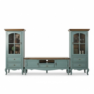 Landhaus Stil Wohnwand Wohnzimmer Vitrine Sideboard rtv Holz Schrank Möbel 3tlg.