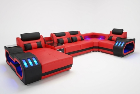 Ledersofa Couch Wohnlandschaft Garnitur Design Modern Sofa U-Form Sofa mit USB