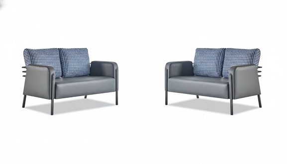 Ledersofa-Set Grau Blau Kissen 2-Sitzer Sofas Modern Polster Textil