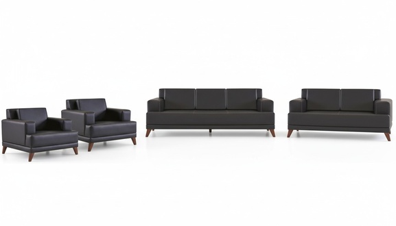 Ledersofas Set 3-Sitzer 2-Sitzer 2x Sessel Schwarz Polster Kissen Holz